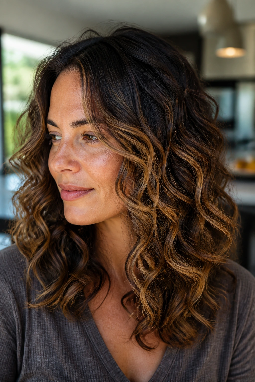 Close-up of latte swirl balayage on brunette curls in a sunlit kitchen