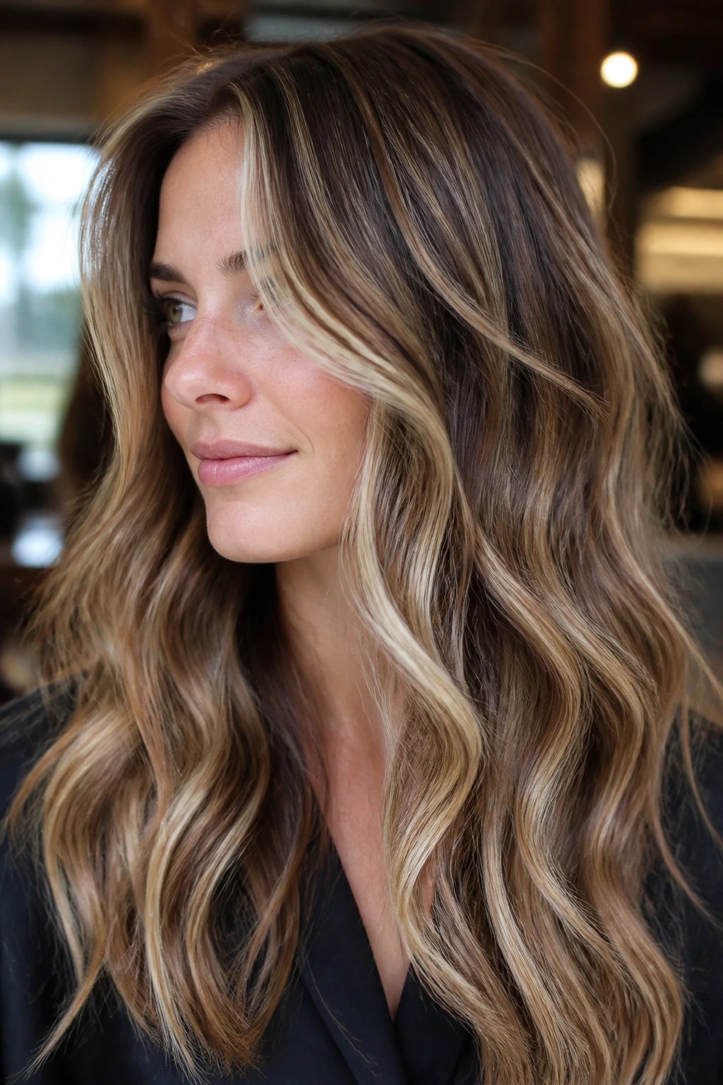 Close-up portrait of a real woman with latte swirl balayage and loose waves in warm light