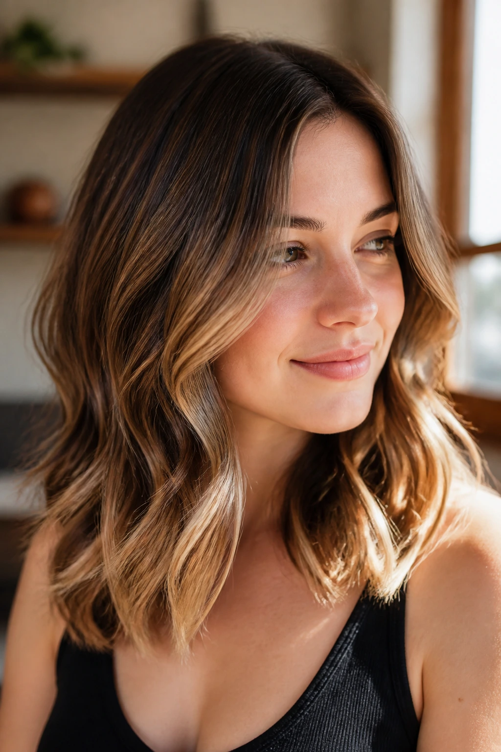Close-up portrait of a woman with latte swirl balayage on shoulder-length hair