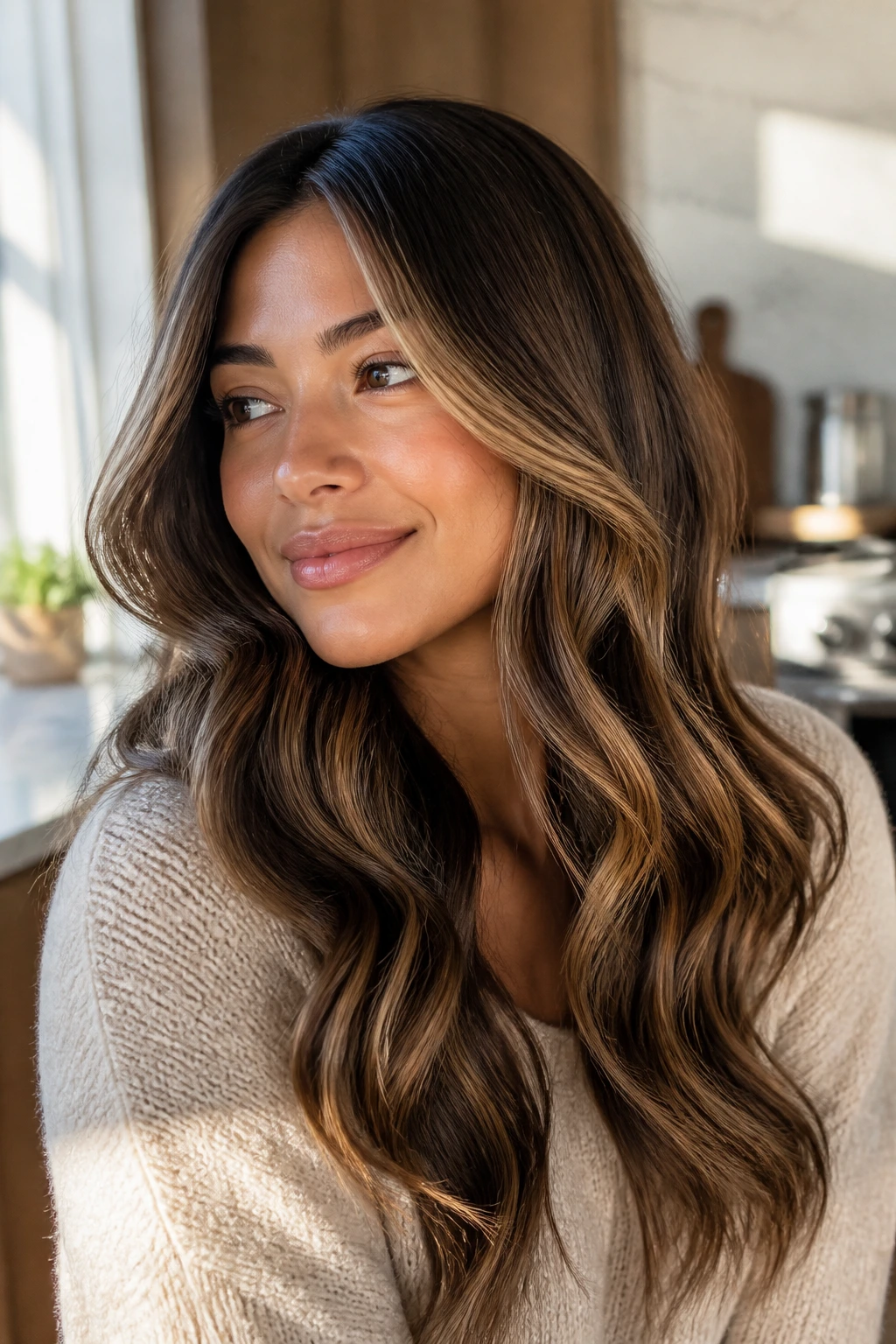Close-up of latte swirl balayage with beige tones in natural daylight