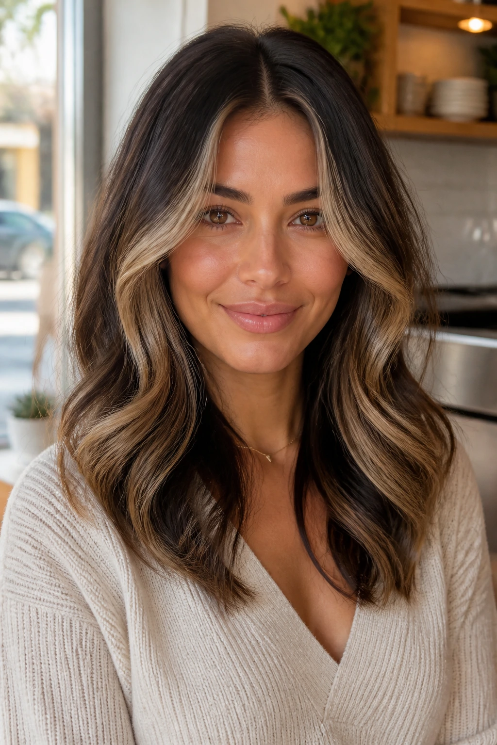 Close-up of a real woman with latte swirl face frame highlights