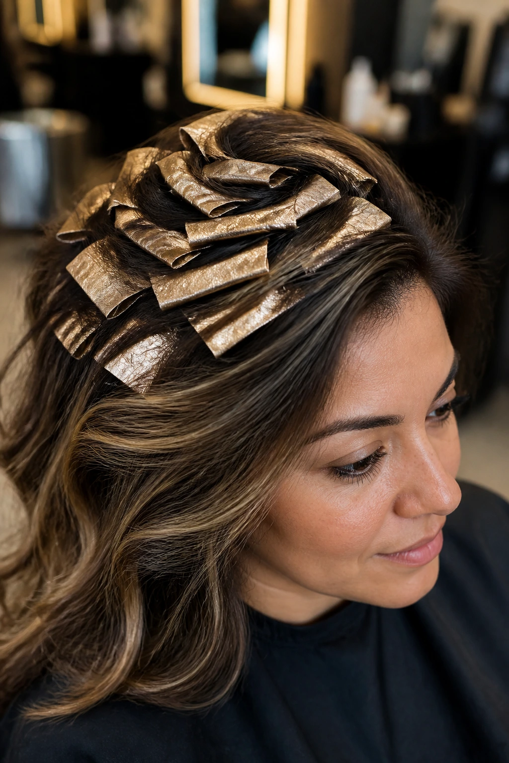 Close-up of a real woman with latte-toned foils swirled through crown area.