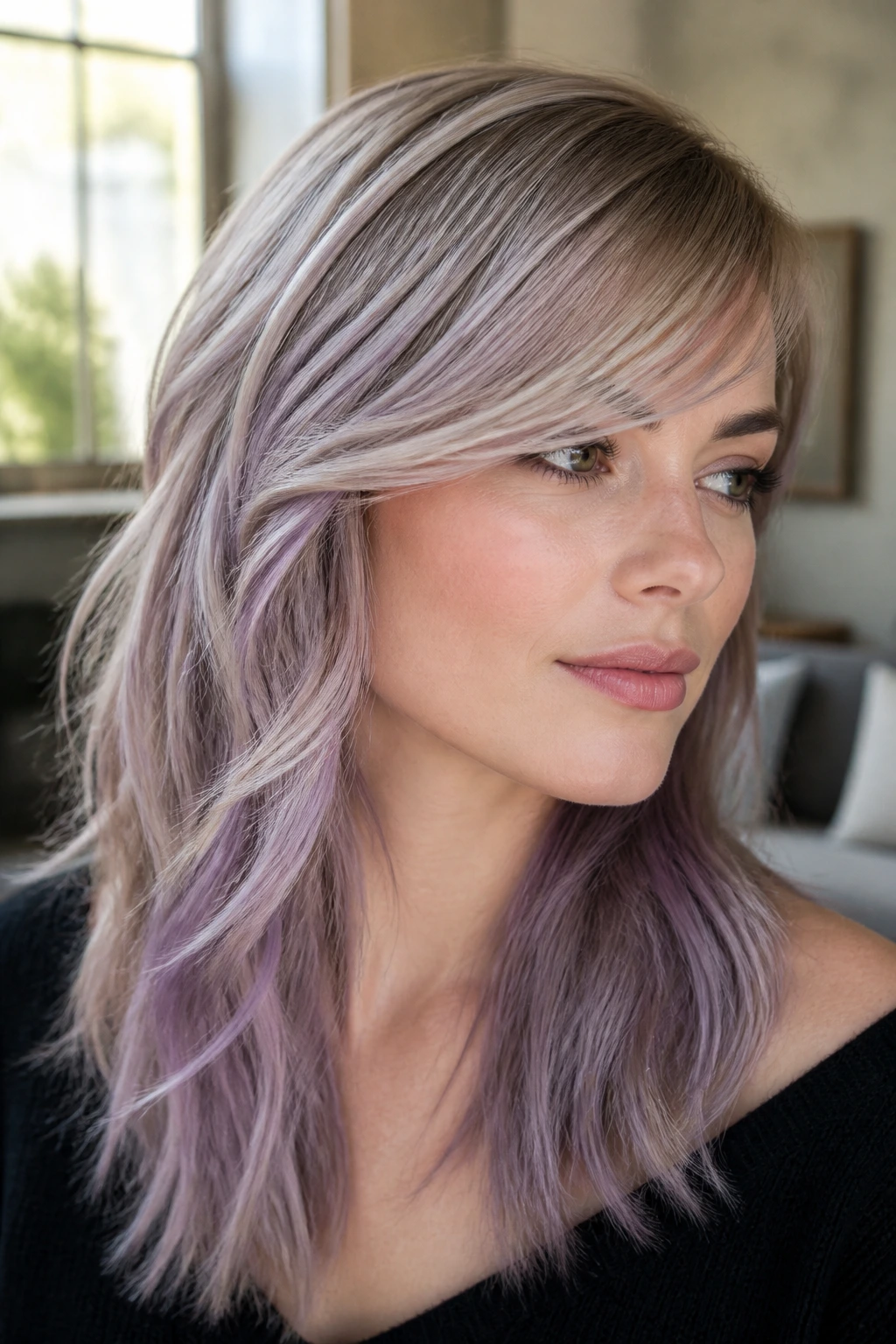 Close-up of a real woman with lavender ash balayage and side-swept bangs