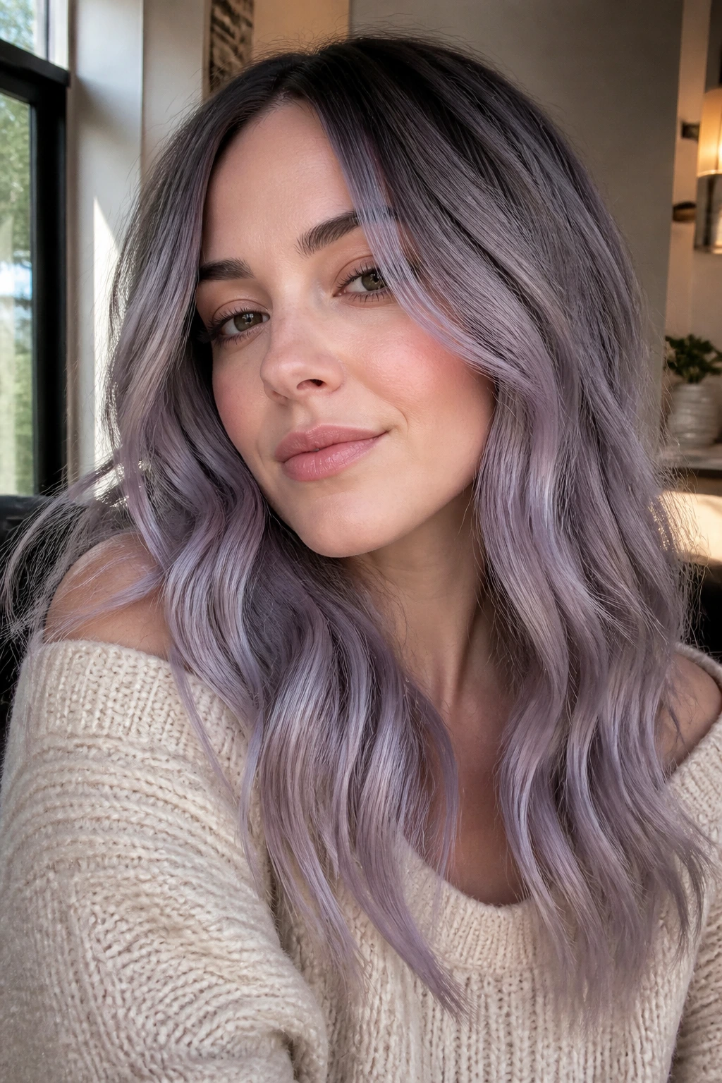Real person with multi-tone grey hair showing lavender ash fade variation