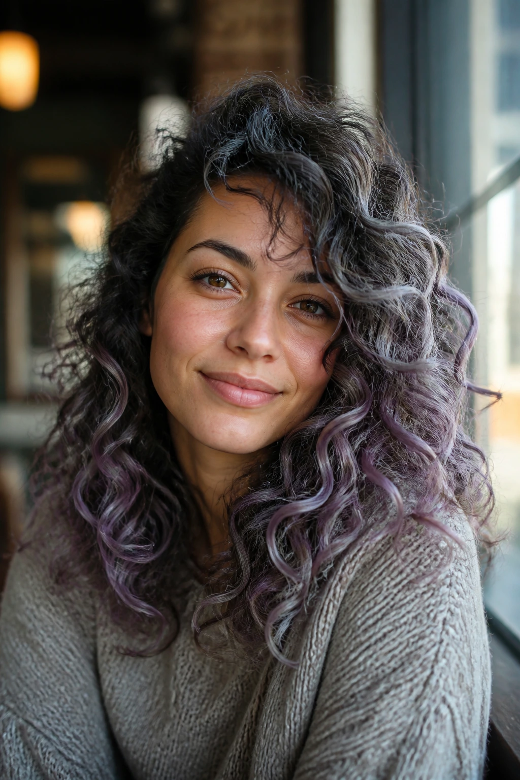 Close-up of brunette curls with smoky lavender balayage under silver in cafe light
