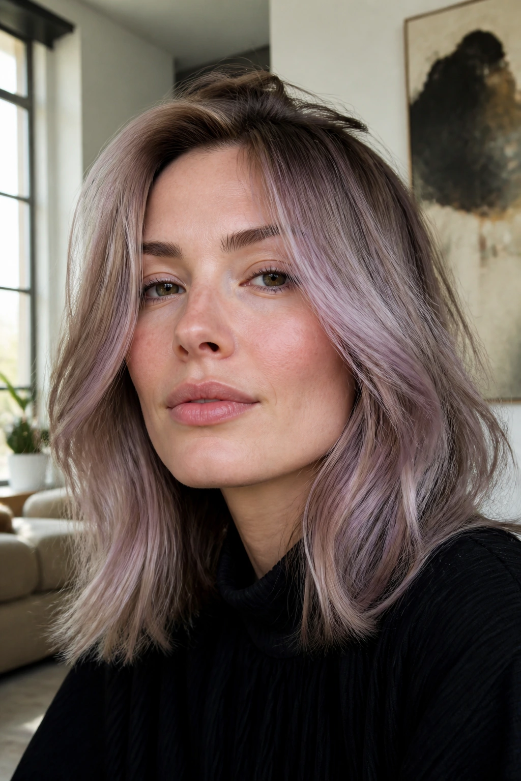 Close-up portrait of a real woman with lavender beige balayage on pale skin and a square face, soft hazy tones.