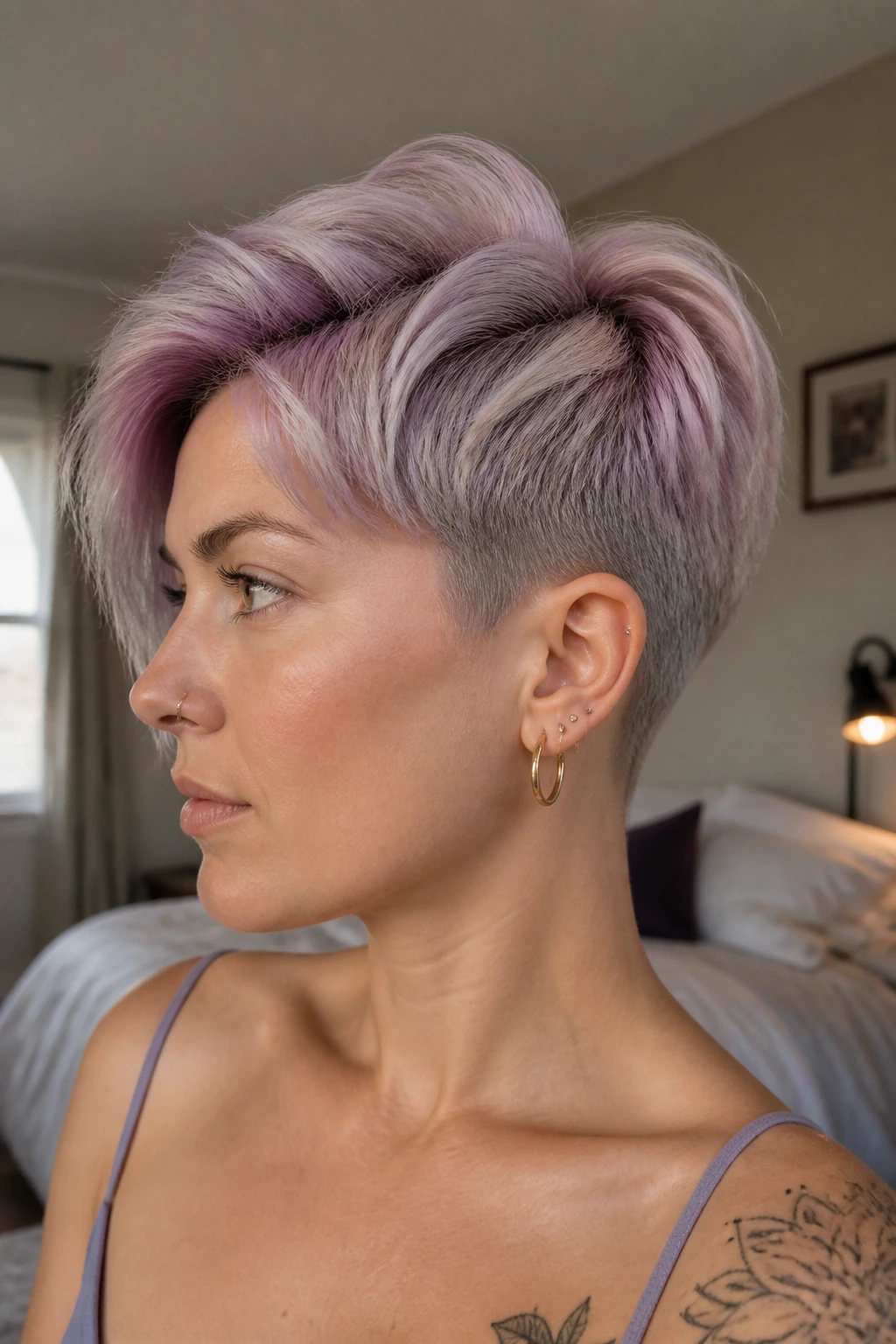Close-up of Lavender Buzzed-Nape Pixie on a real person with lavender top and shaved nape.