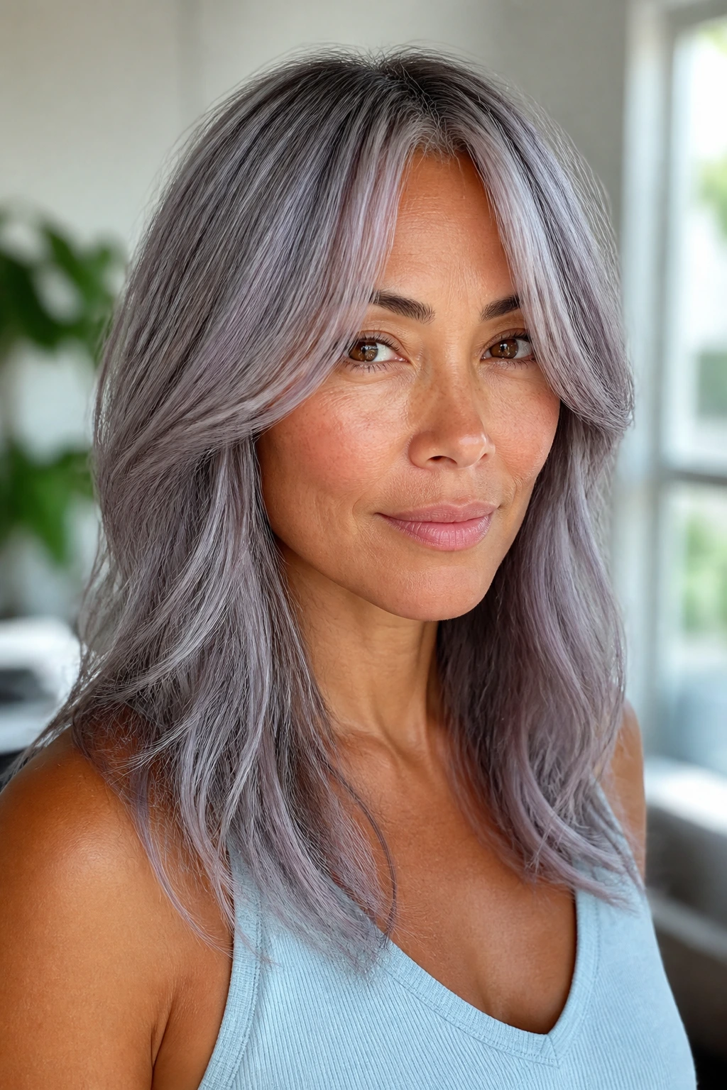 Close-up of a real woman with lavender gray hair and curtain bangs