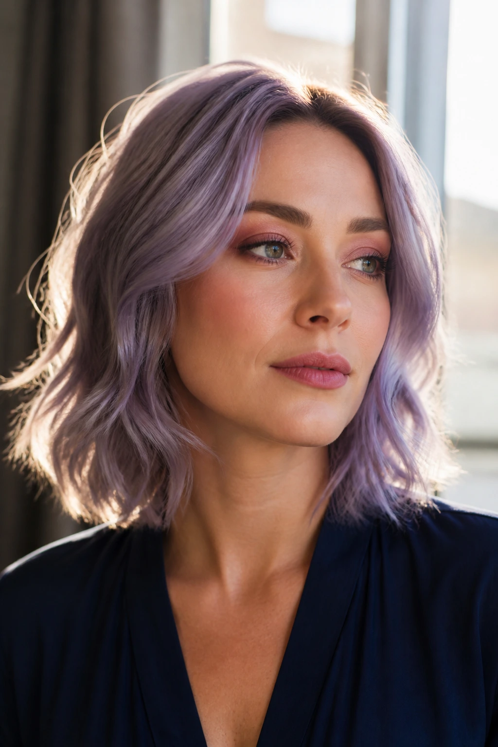 Portrait of a woman with lavender hair and cool makeup in navy clothing
