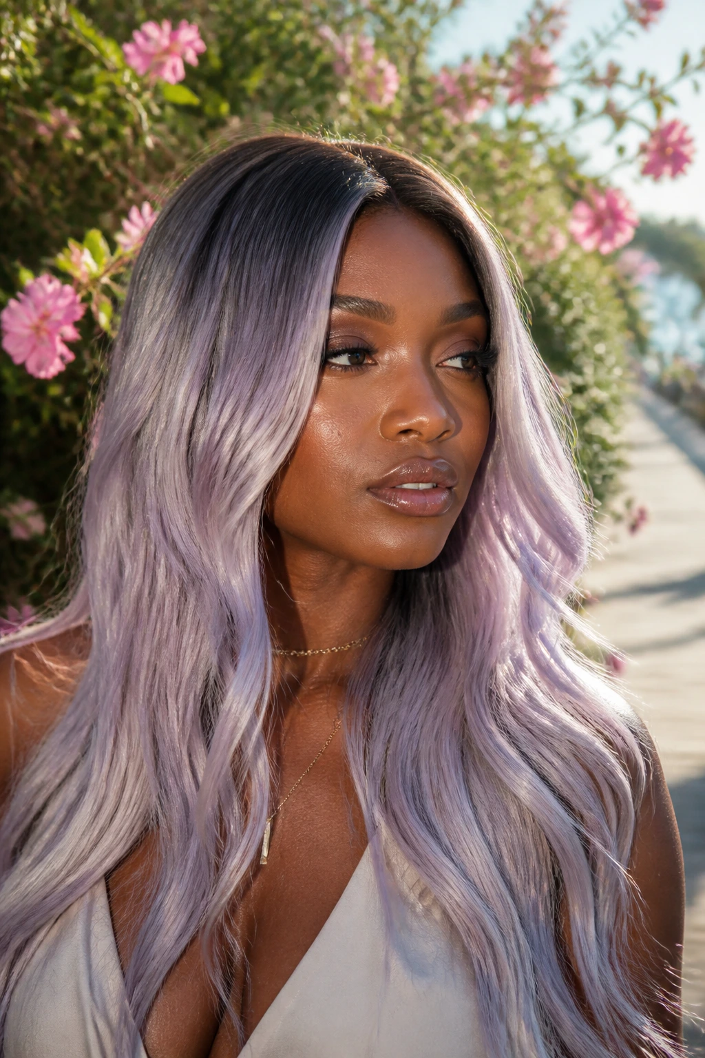 Close-up of a real person with lavender ice melt hair in natural light.