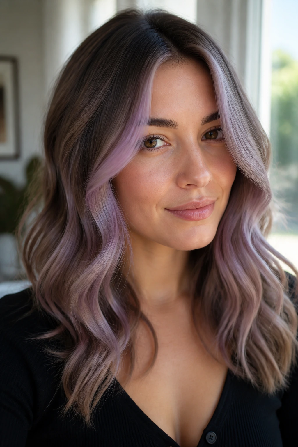Portrait of a real woman with lavender money piece on ash brown waves framing the face