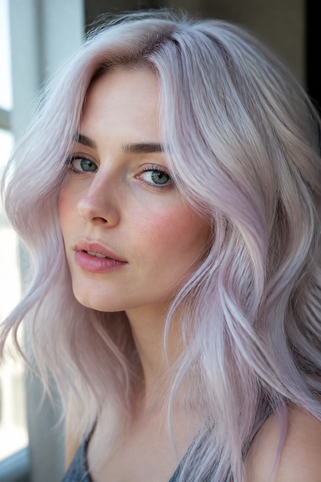 Close-up portrait of a woman with lavender glaze on platinum blonde hair and cool-toned skin