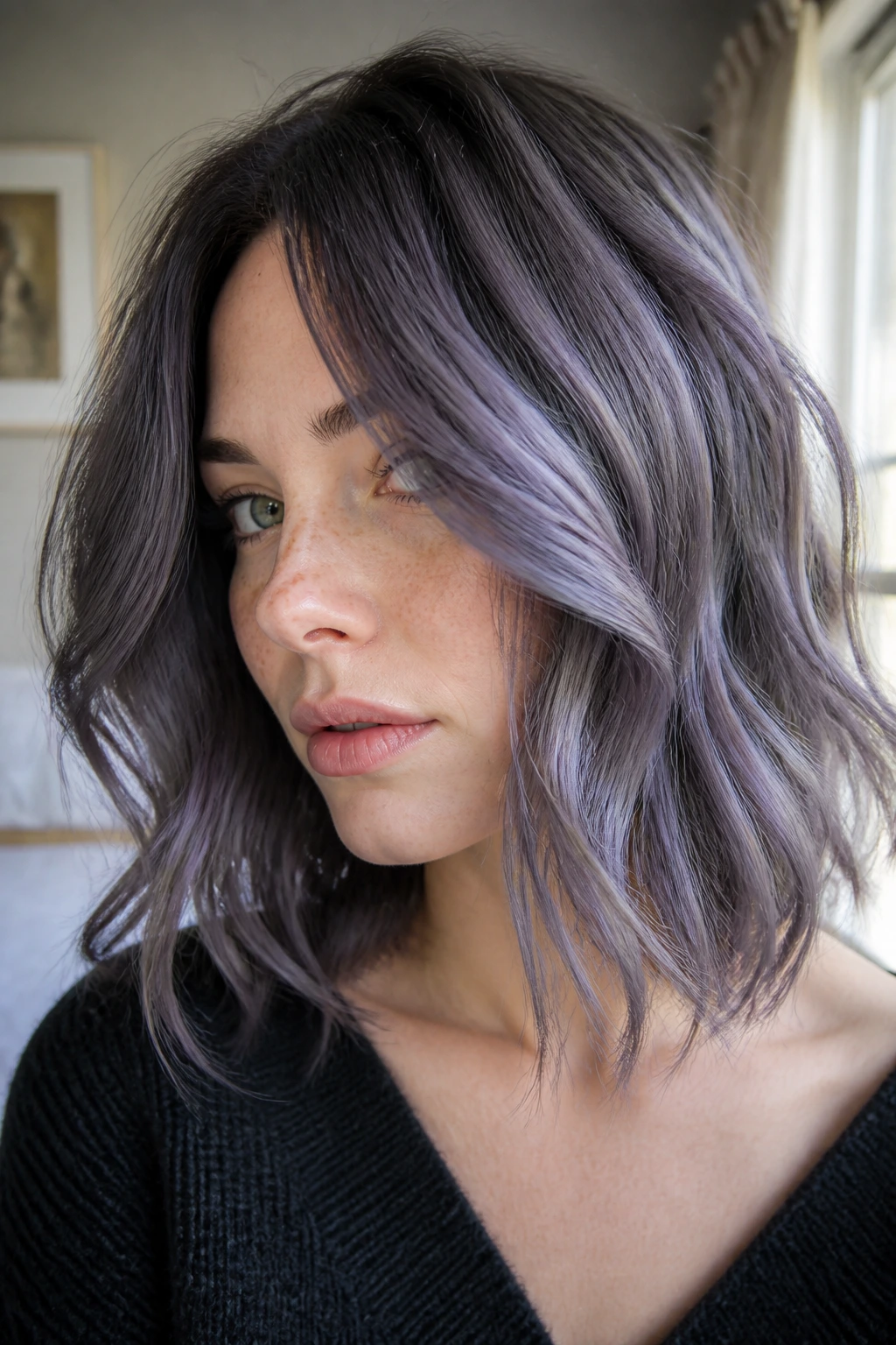 Close-up portrait of a woman with lavender smoke grey hair in soft waves