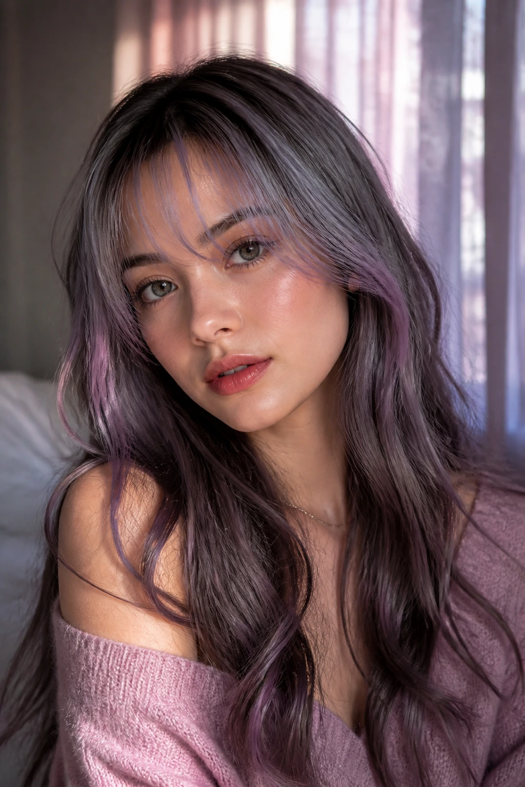 Close-up portrait of a real person with lavender smoke highlights and airy see-through bangs