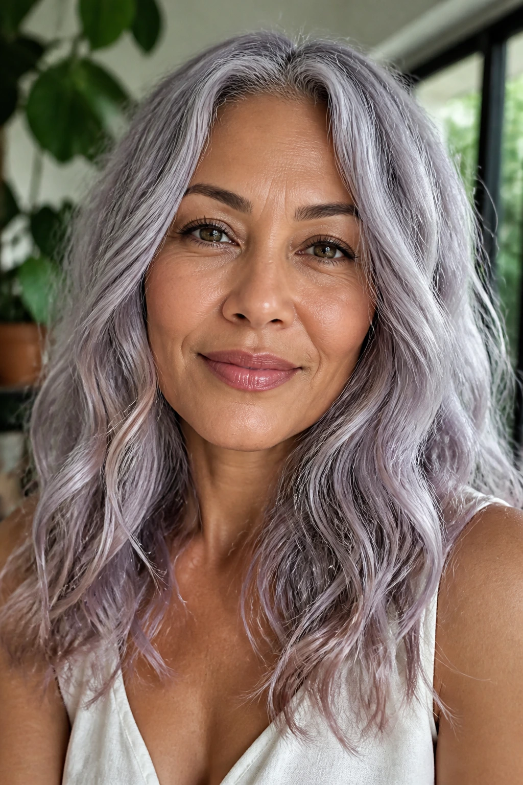 Close-up of a person with lavender-tinged silver hair in beachy waves