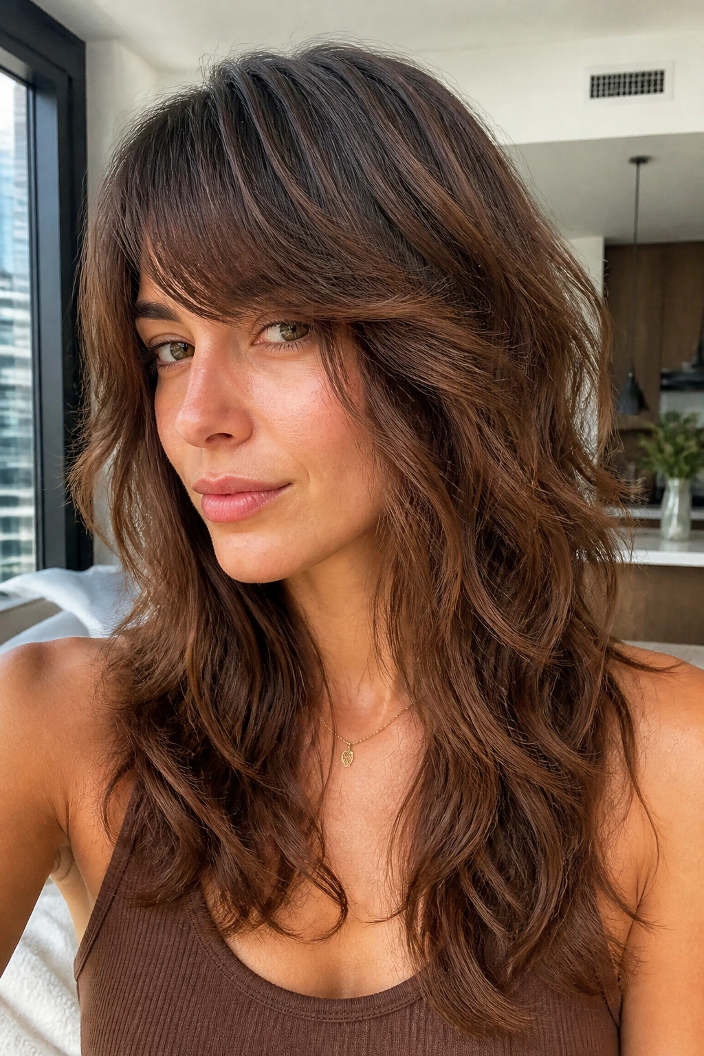 Real woman with layer cake shag and bridging side-swept bangs.