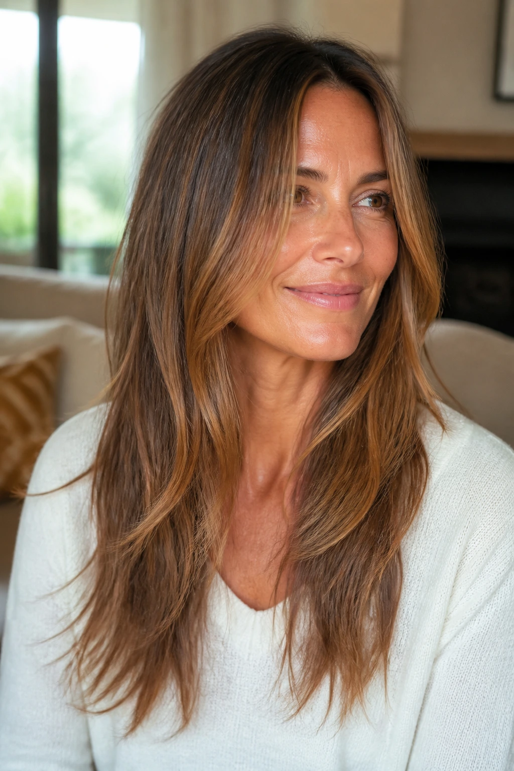 Close-up of a real woman with a layer-light long cut and dusted ends
