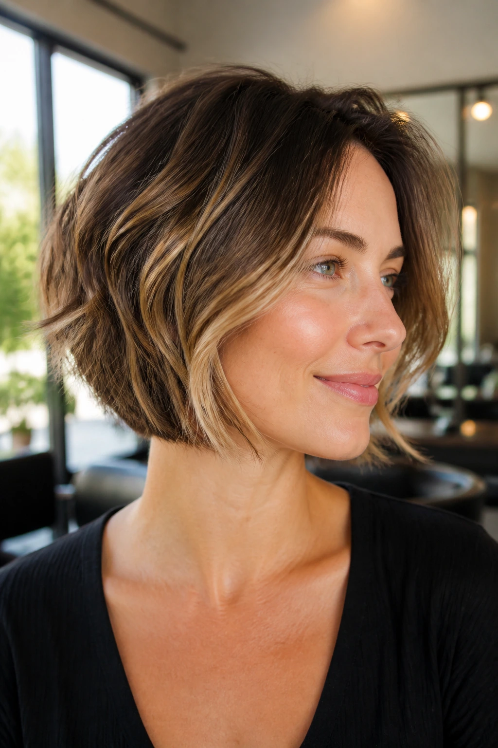 Close-up of a real person with a layered bob tailored to face shape and texture, showing subtle waves