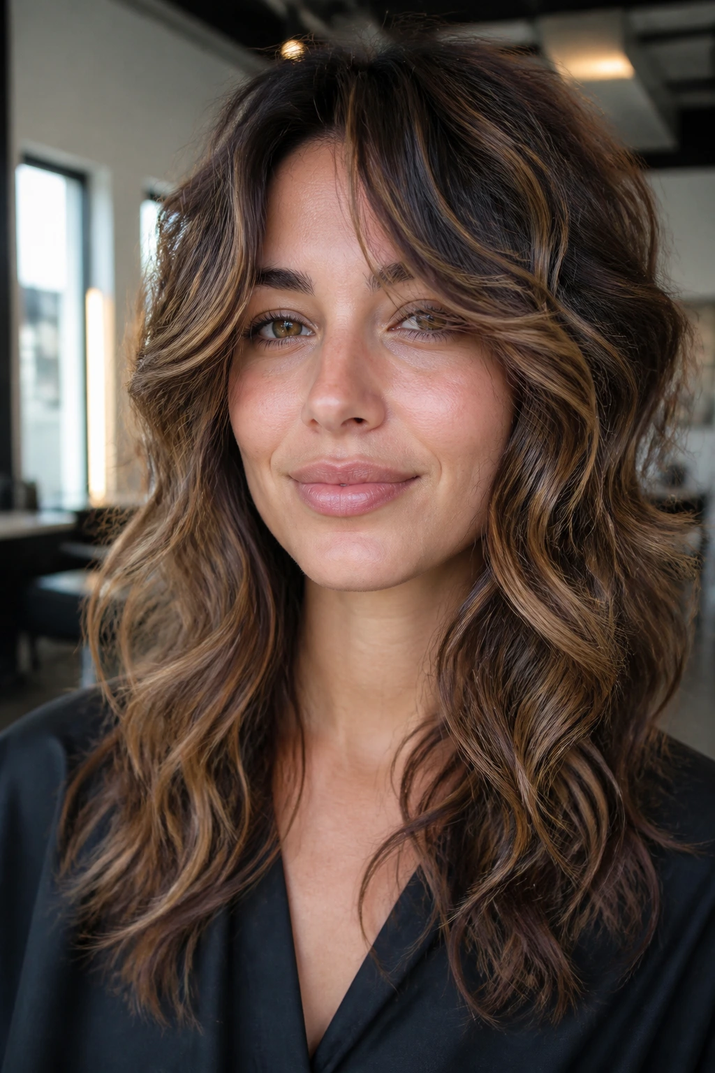 Close-up of a woman with layered waves framed by her face in a salon