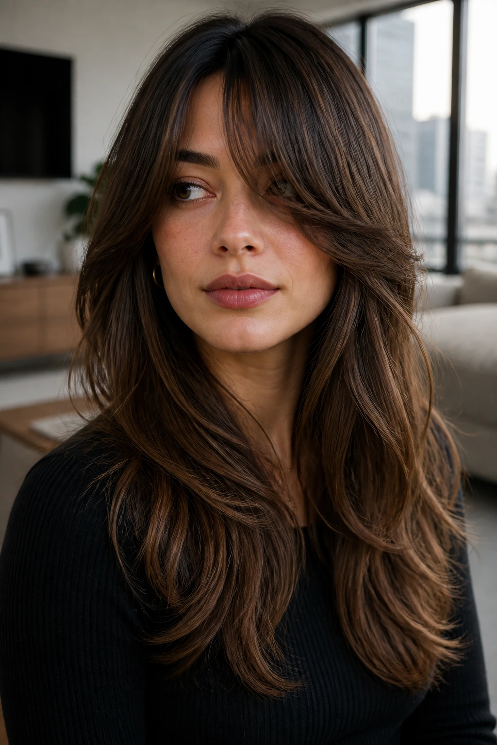 Close-up of a real woman with Layer-Merging Fringe softening into long layers