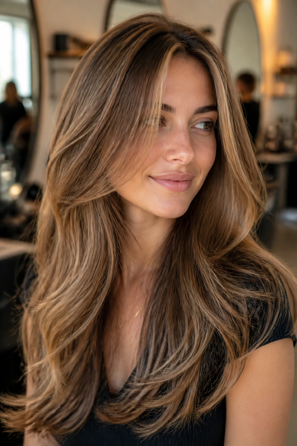 Close-up portrait of a woman with long layered hair framing her face in a salon setting.
