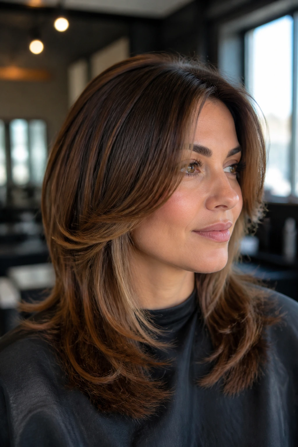 Portrait showing front layer placement starting at cheekbone