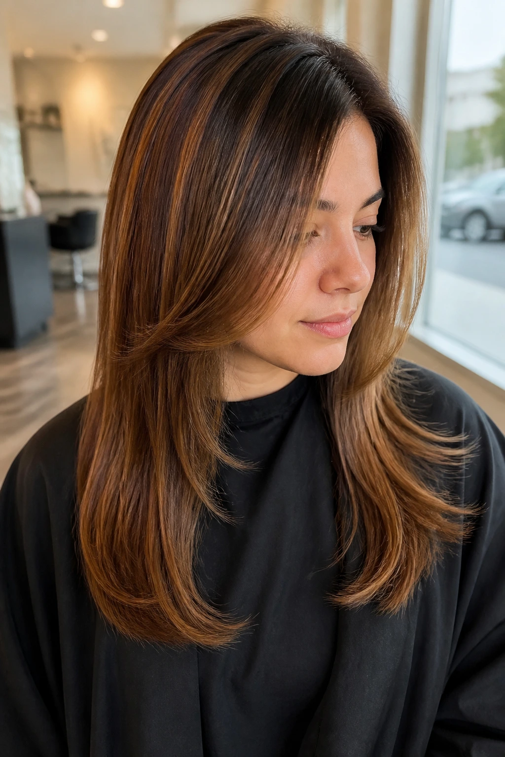 Close-up portrait showing layered crown and ends on straight hair with caramel tones