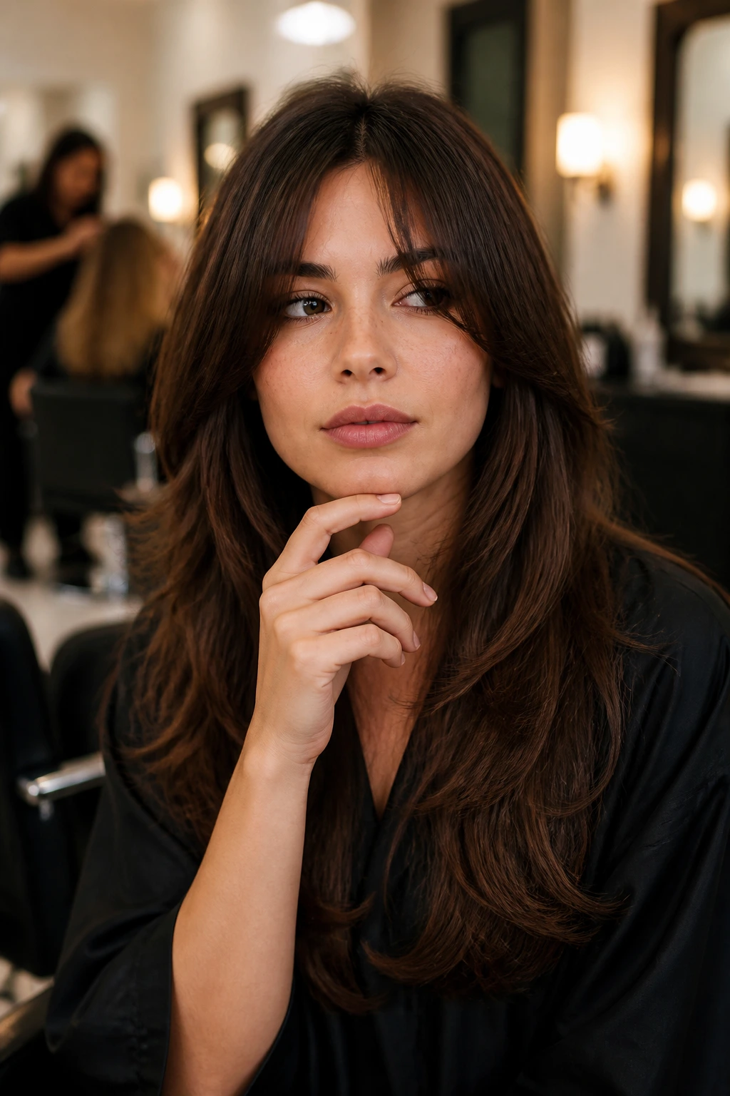 Close-up of a real woman in a salon chair with layered hair and curtain bangs.