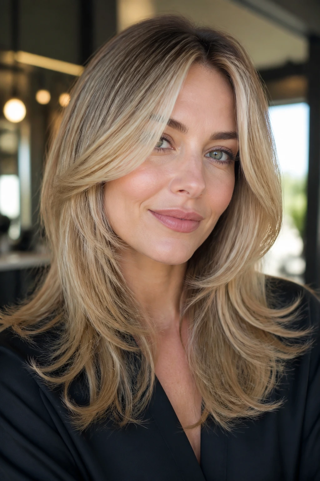 Portrait showing cheekbone-grazing layers on thick hair for a heart-shaped face.