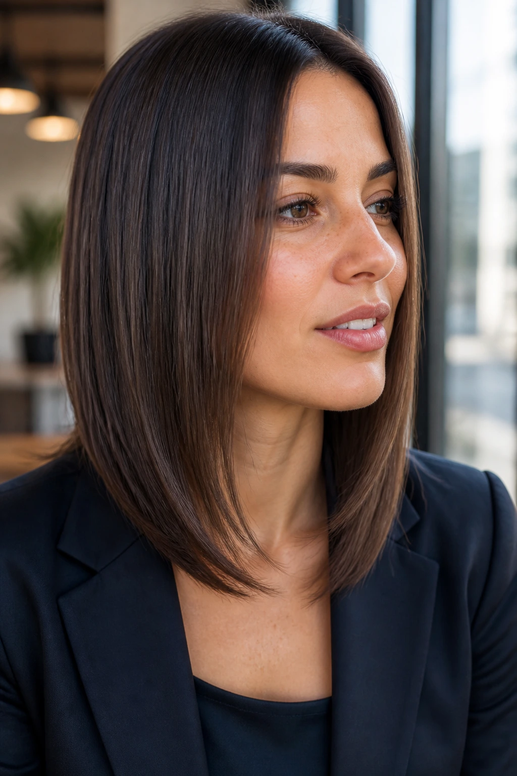 Close-up portrait of a real woman with layered straight finish hair