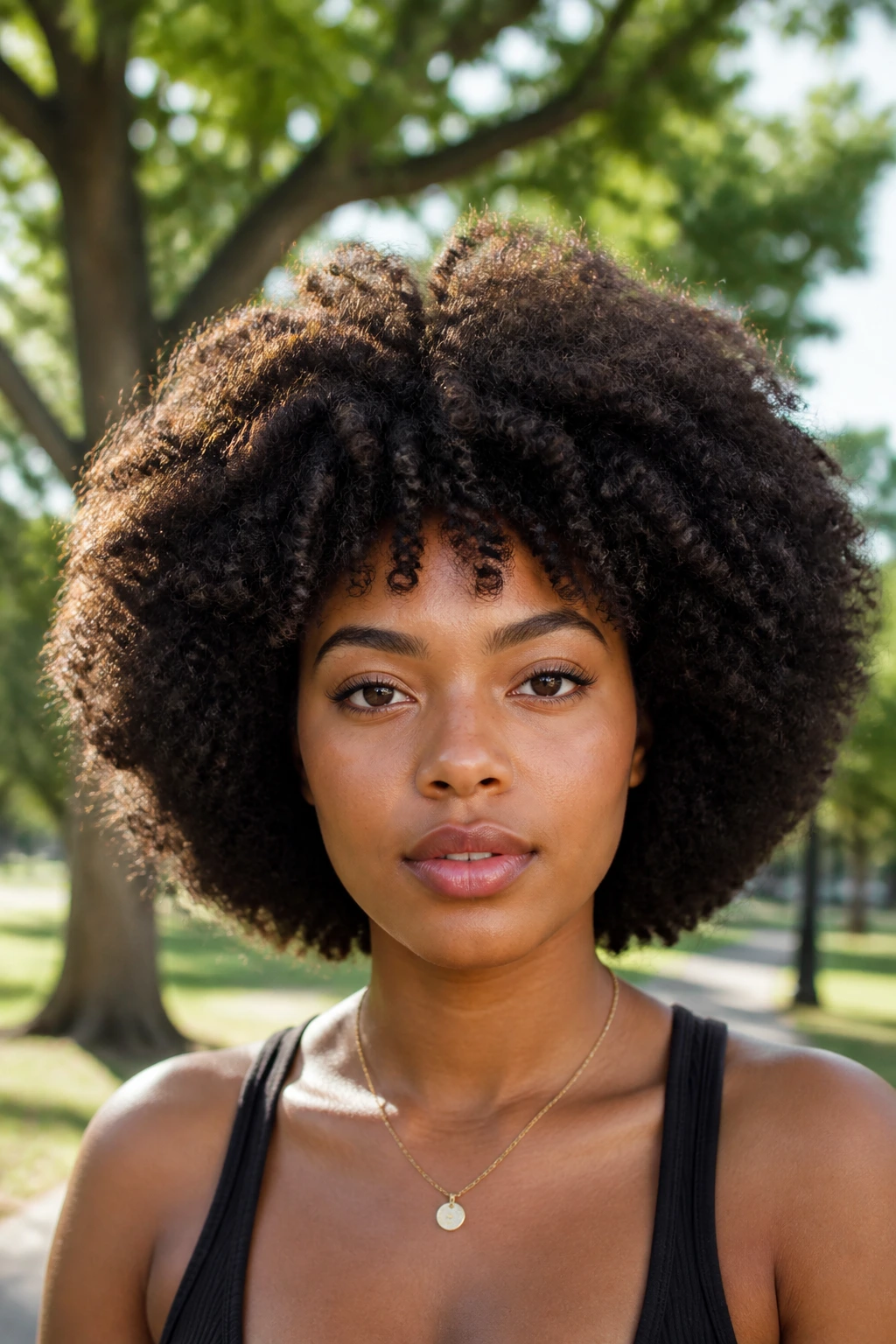 Front portrait of a real person with layered Afro forming a round silhouette