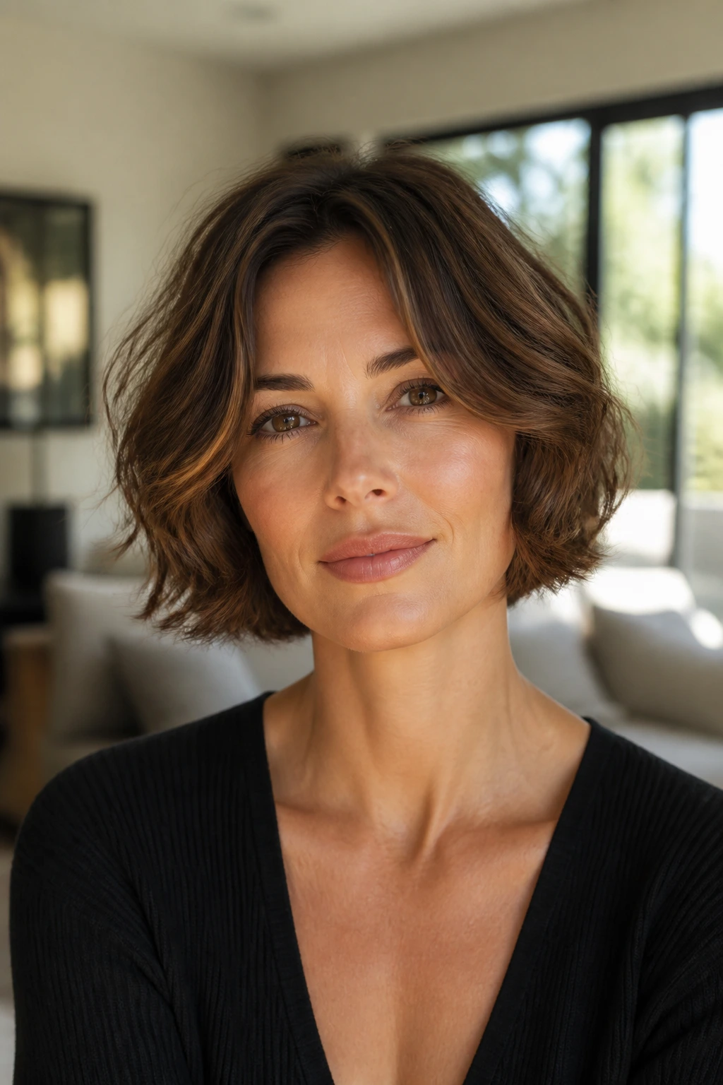 Close-up portrait of a woman with layered airy bob and invisible interior layers