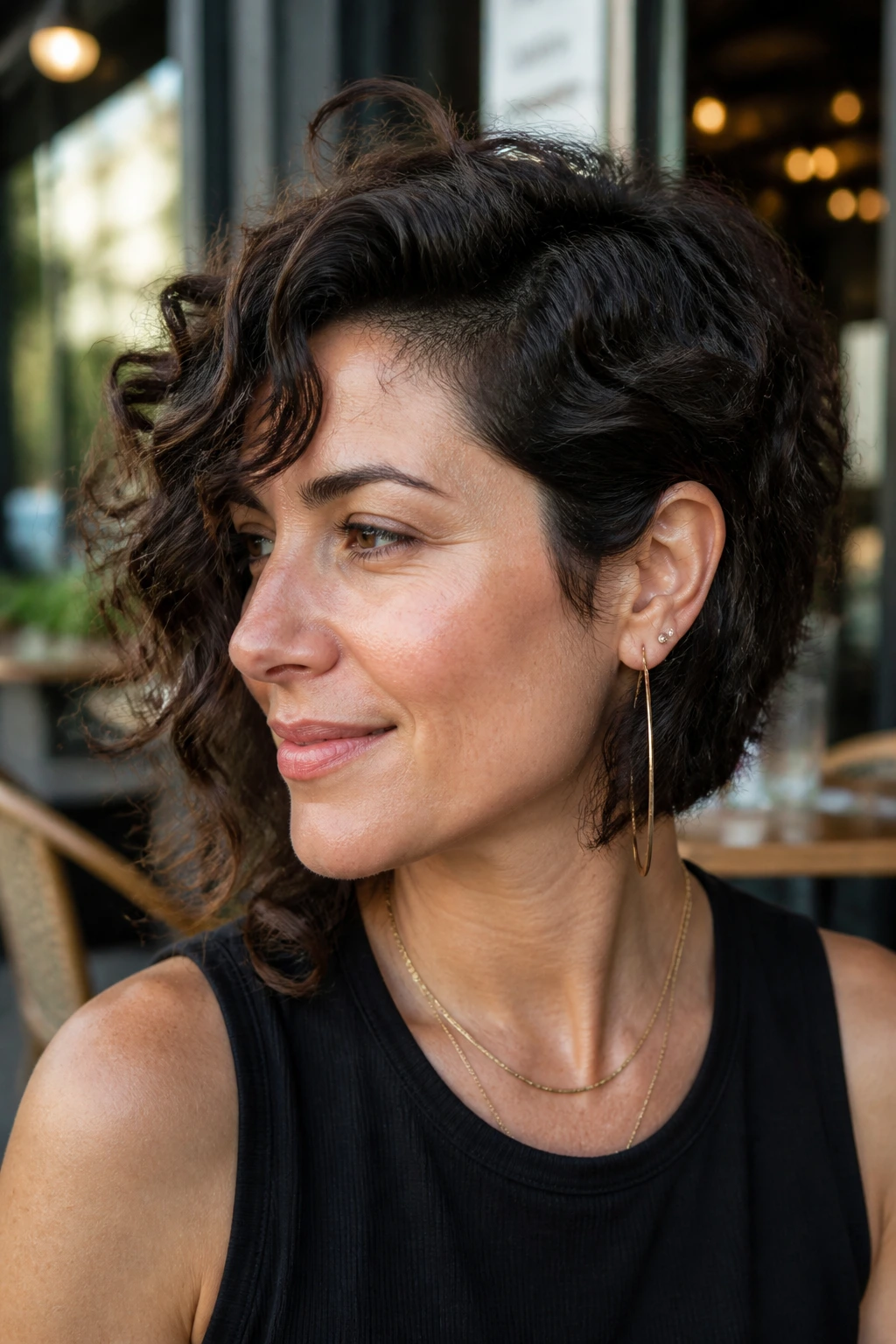 Real woman with layered asymmetrical lob hairstyle