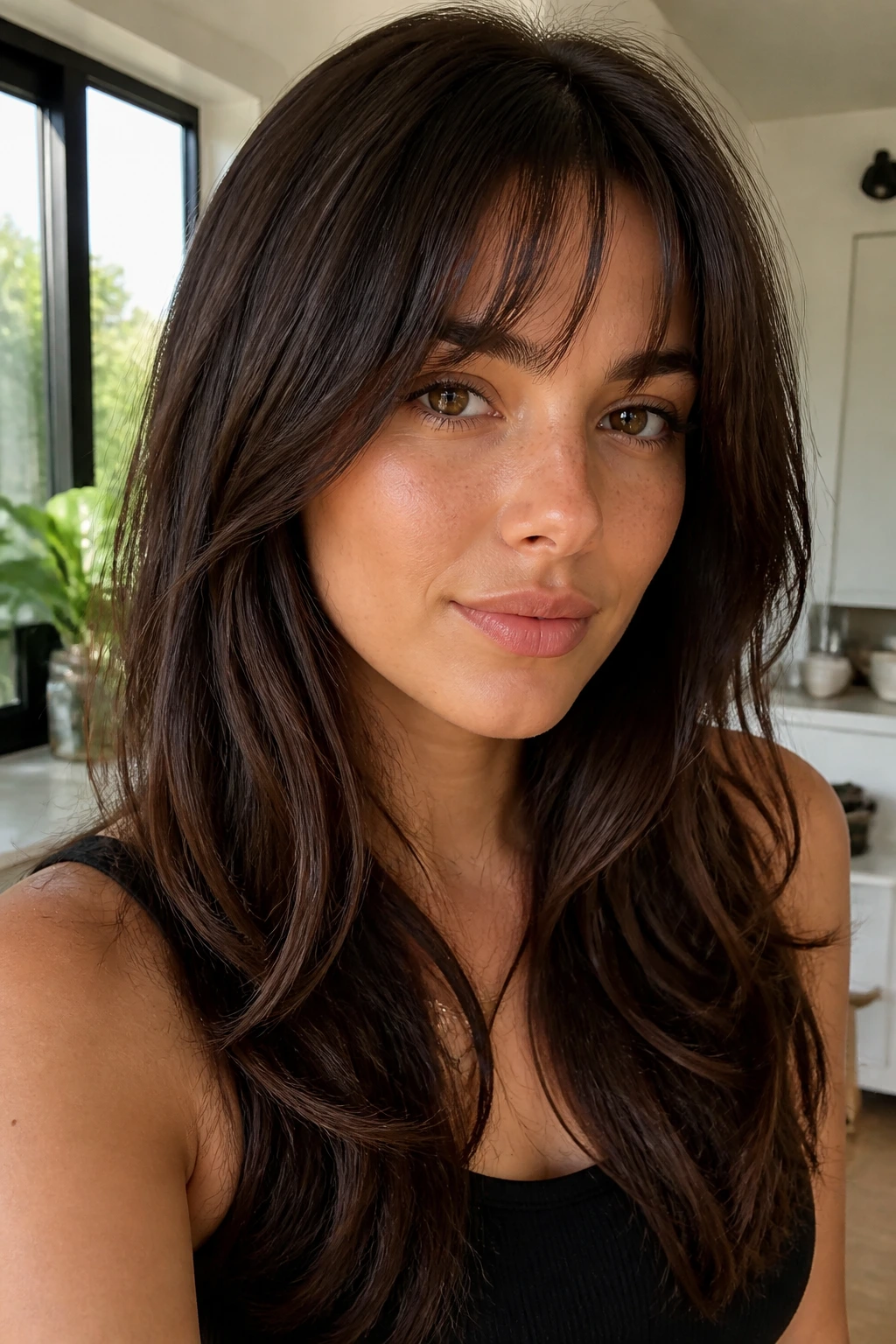 Woman with separated fringe and soft-curved layers in natural light.
