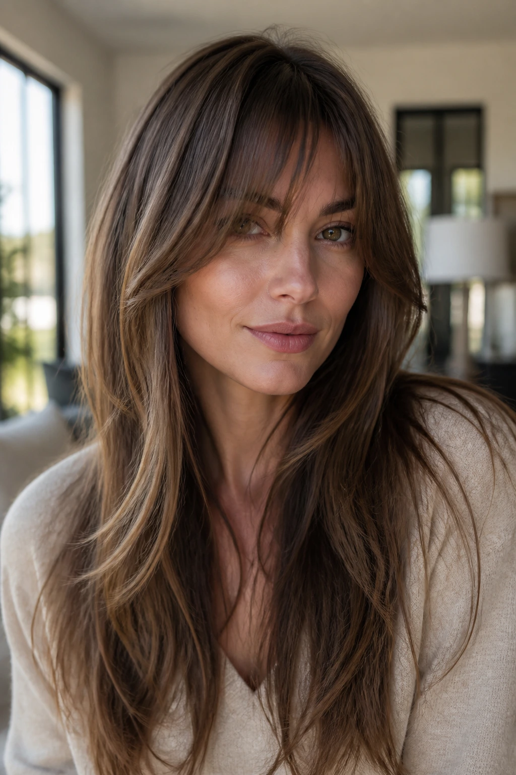 Close-up portrait of a real woman with layered bangs merged into long hair