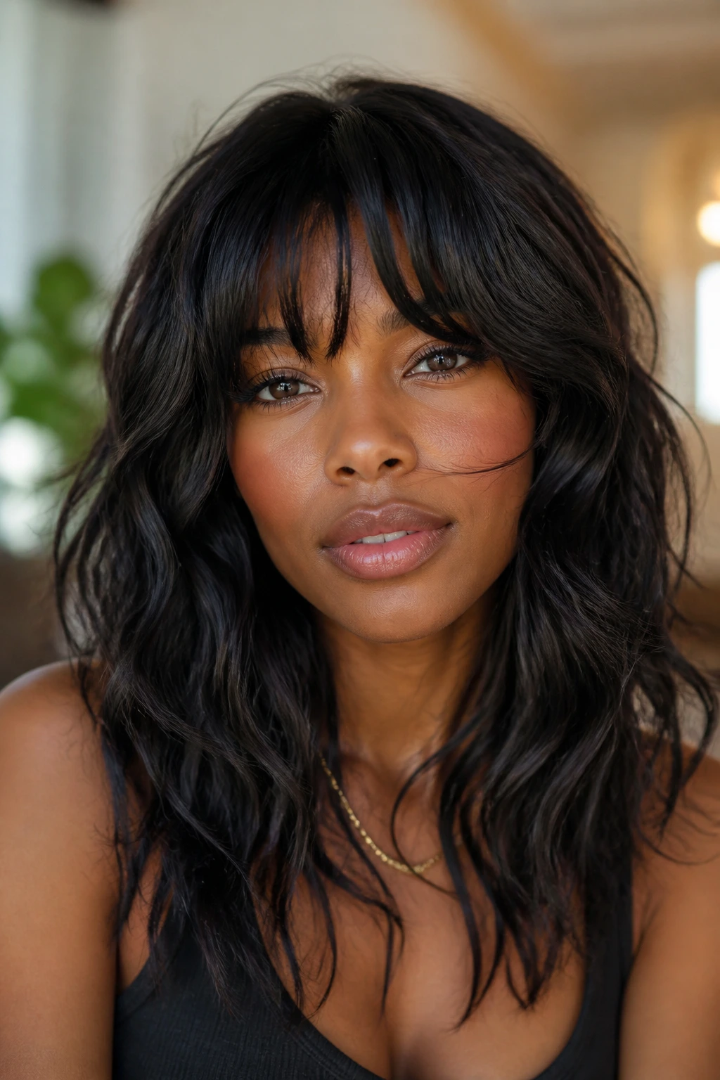 Portrait of a Black woman with dynamic layered bangs framing the face