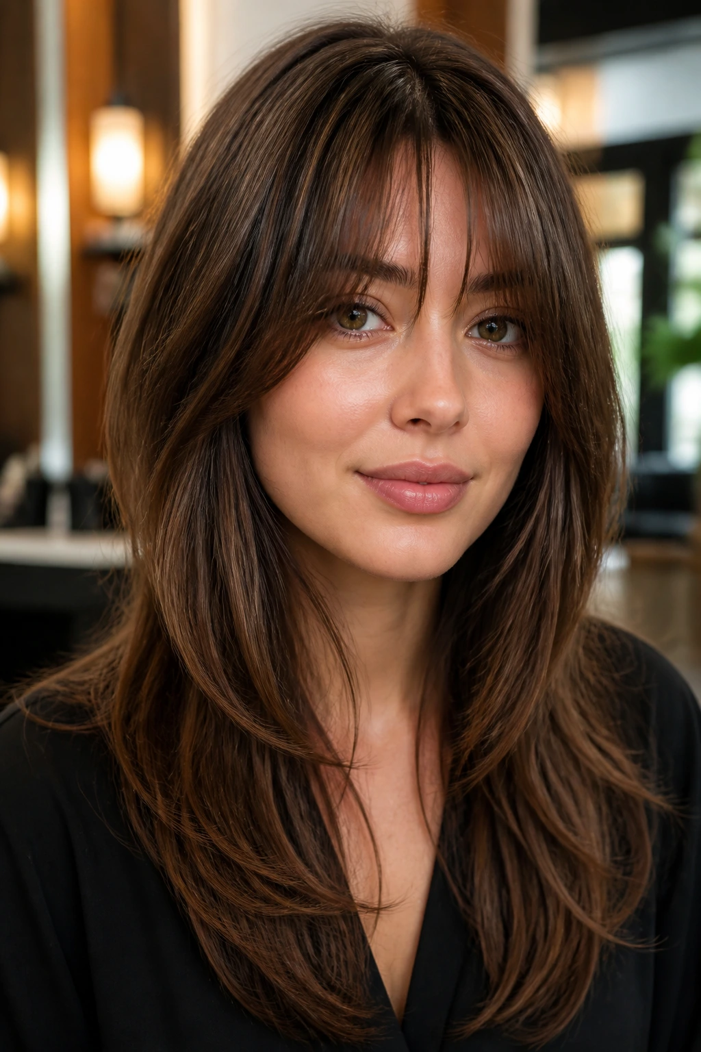 Close-up portrait of a real person with layered bangs elongating the face in a warm salon