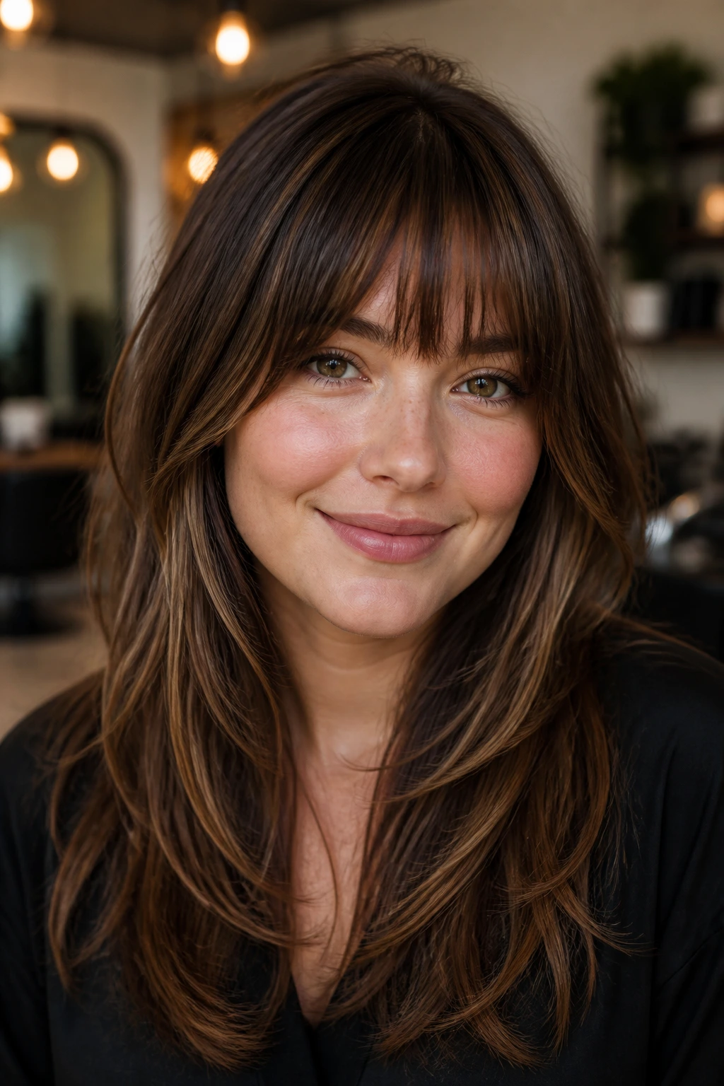 Close-up of a real woman with layered bangs shaping a round face in warm window-light.