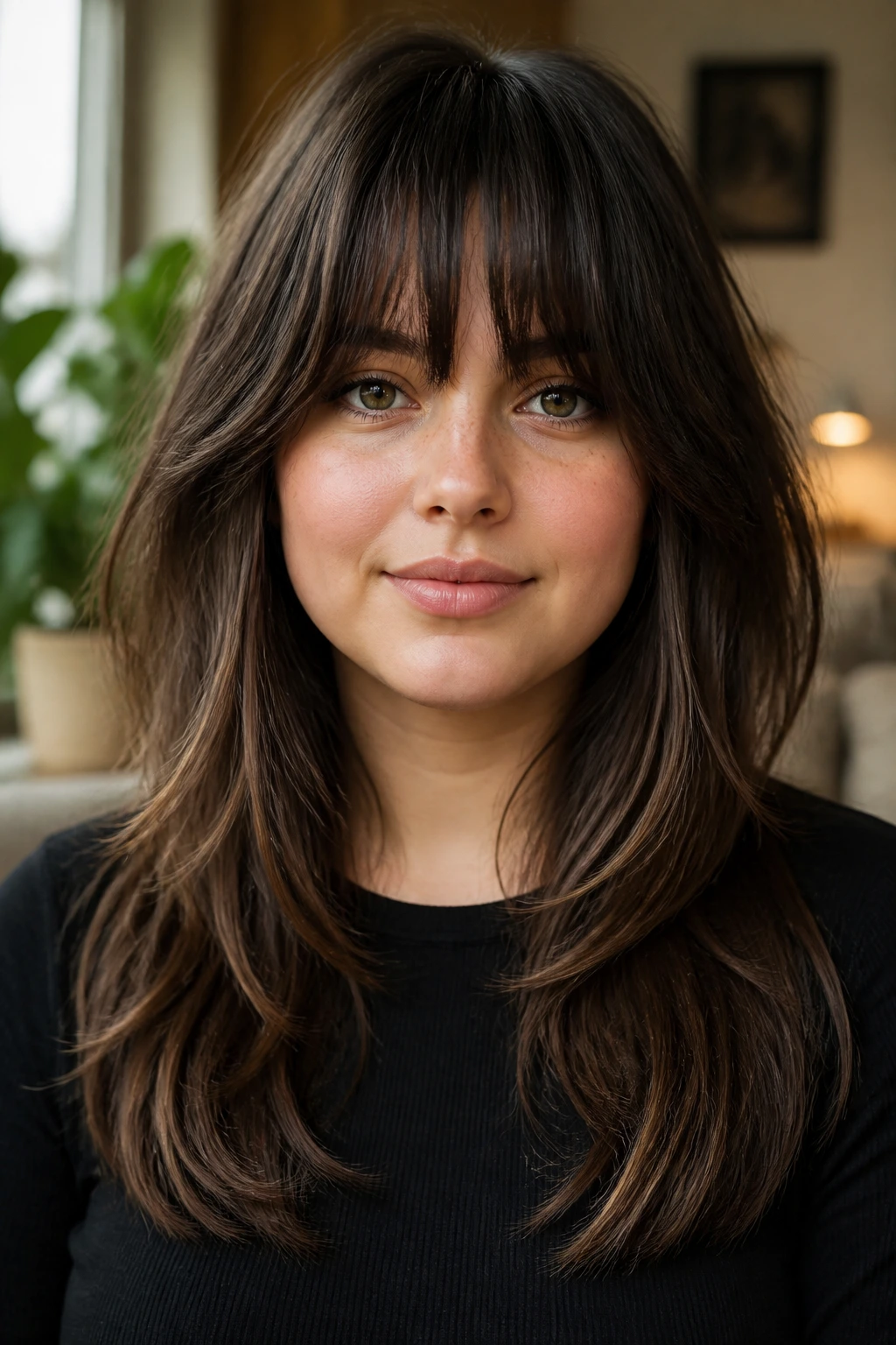 Portrait showing vertical movement of long thick layered bangs on a round-faced person
