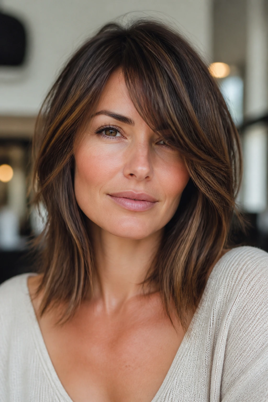 Real person with layered side-swept bangs softening sharp angles