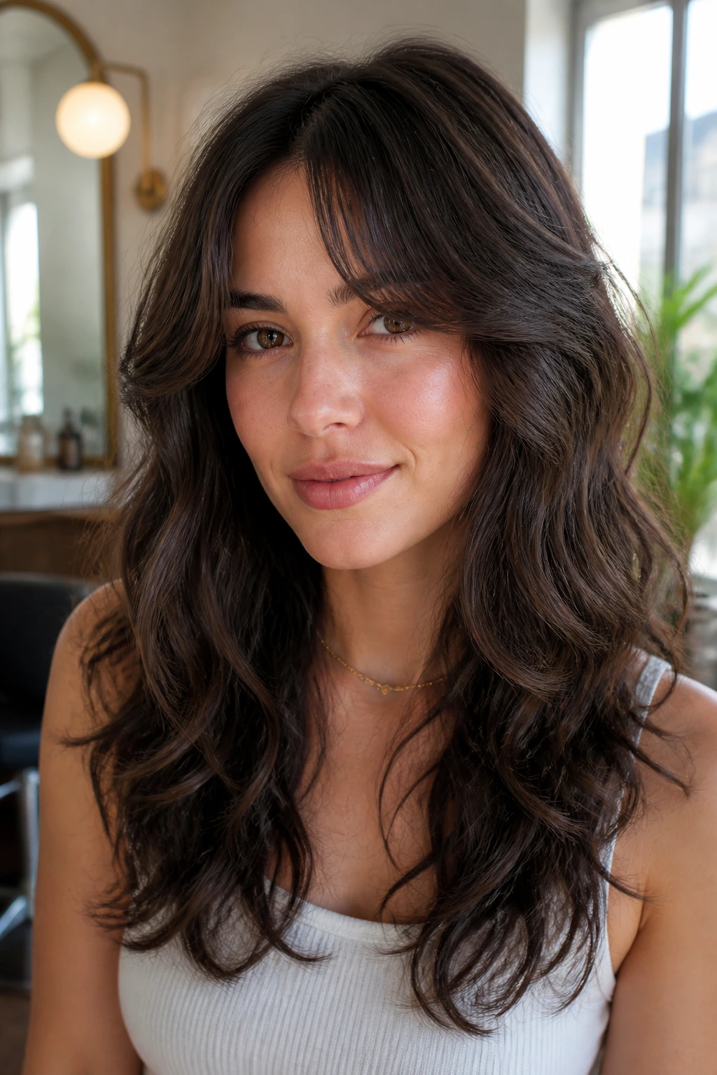Close-up portrait of a real woman with layered drapes on thick wavy hair in a bright setting