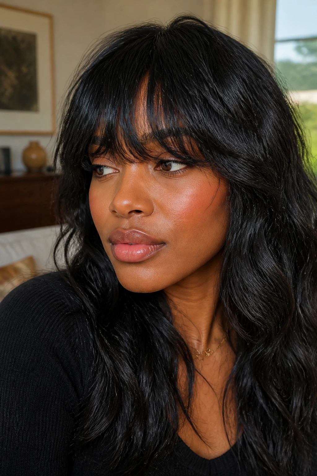 Close-up of a real Black woman with layered bangs on wavy hair showing lift and movement