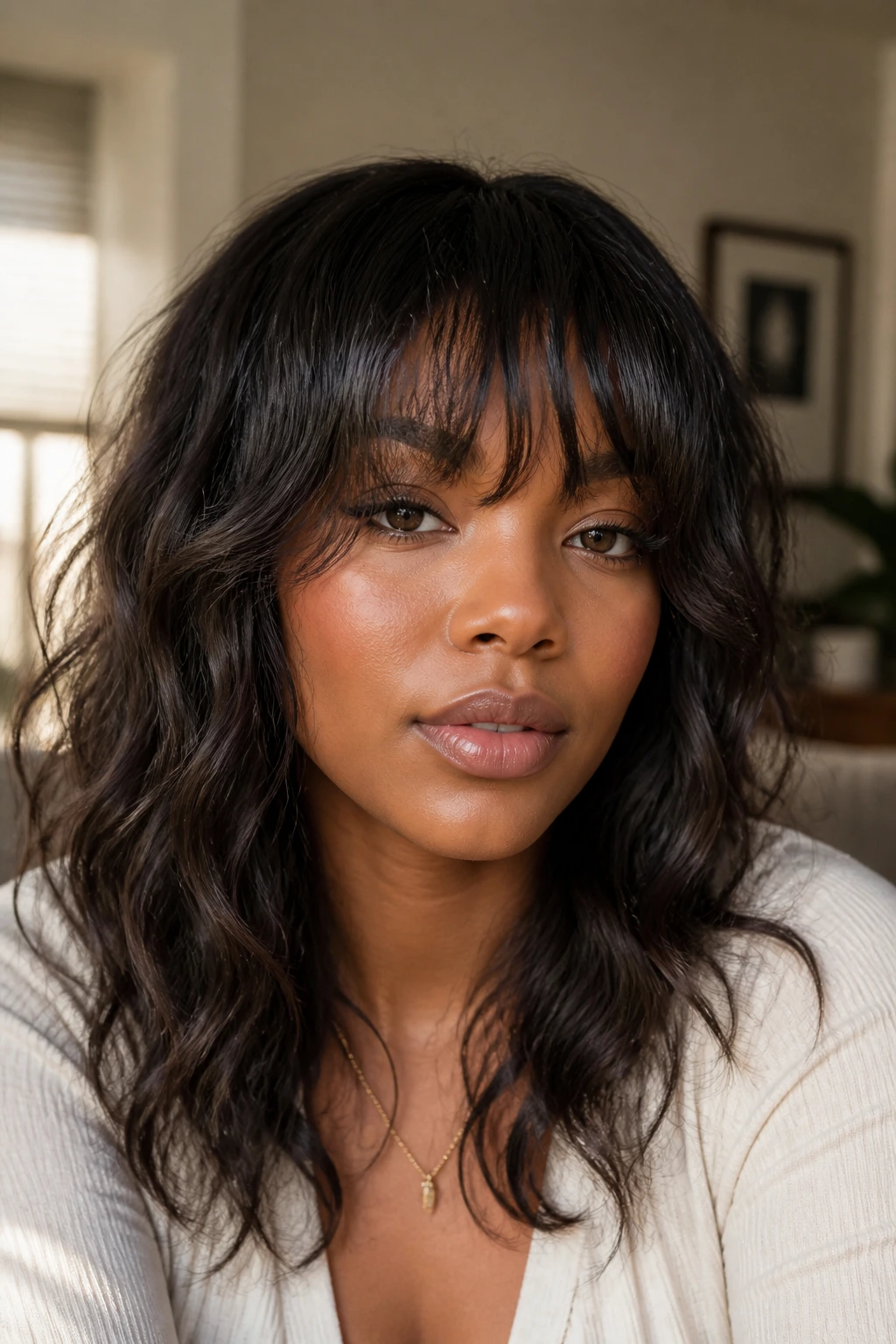 Close-up of a Black woman with wavy layered bangs in window light
