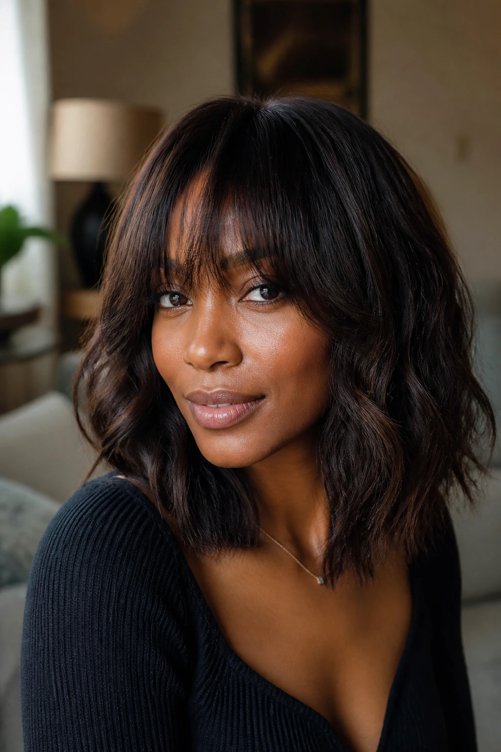 Close-up of a real Black woman with layered bangs on a wavy lob