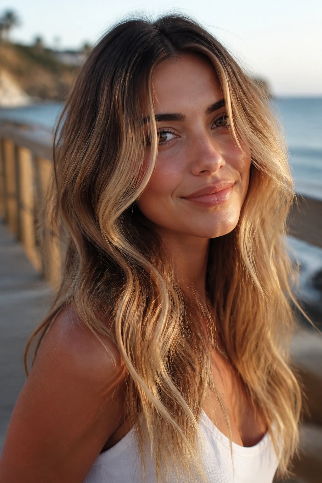 Portrait of a woman with layered beach waves and cheekbone-framing layers