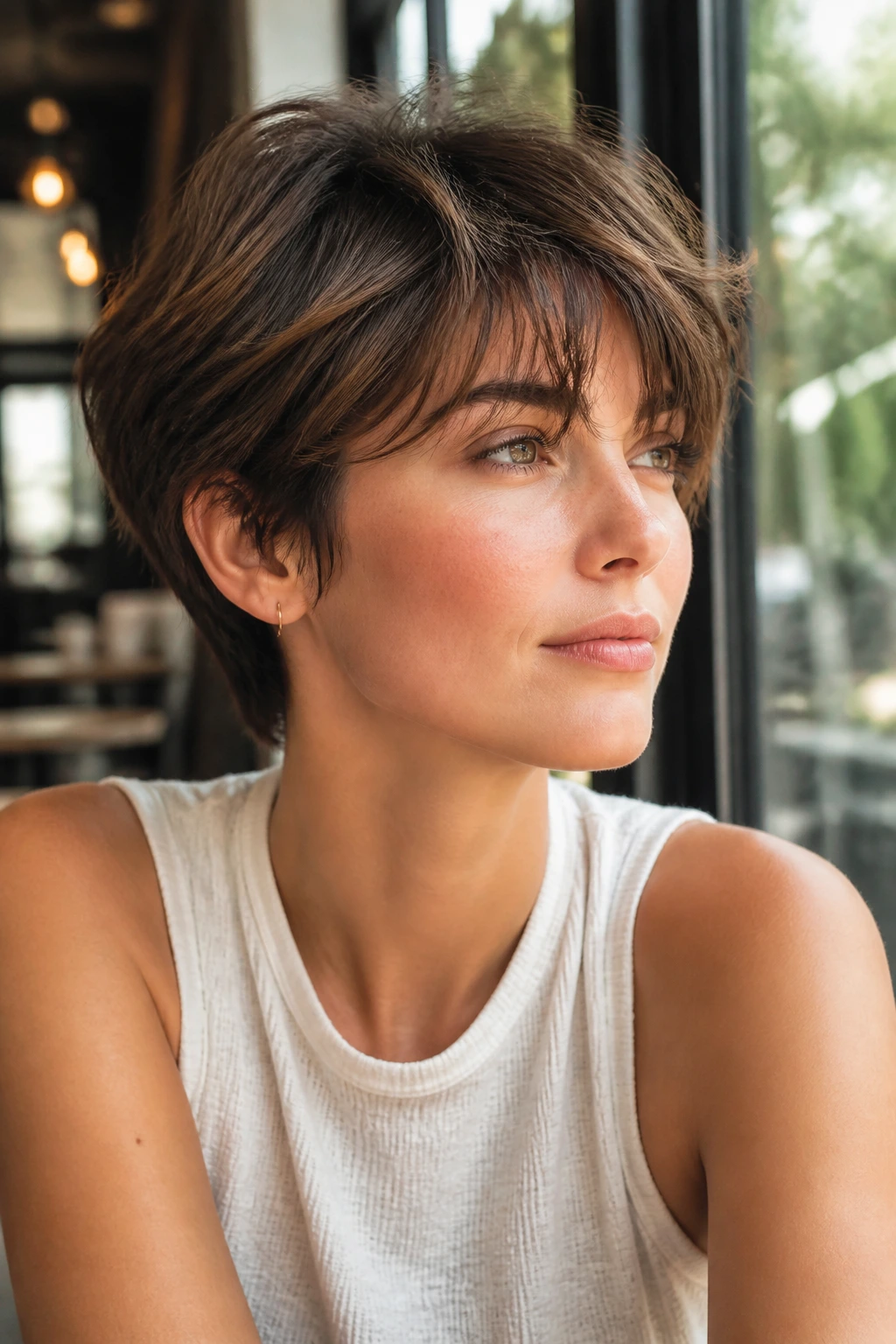 Close-up of a real woman with a layered bixie cut showing soft movement around the face
