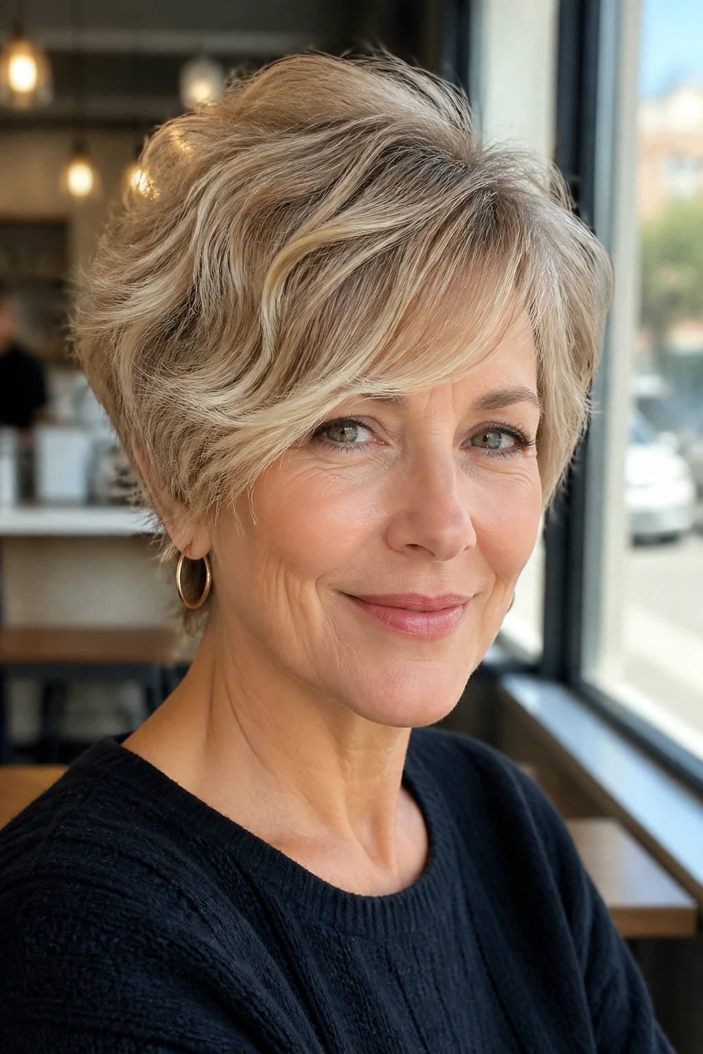 Real woman with layered bixie and side-swept fringe