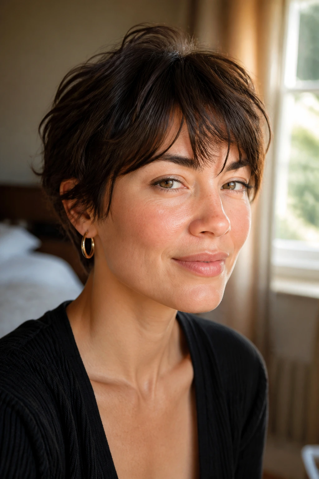 Close-up portrait of a real woman with layered bixie and soft ends framing a heart-shaped face