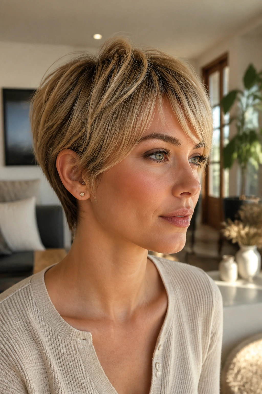 Real person with layered bixie and soft fringe under warm light