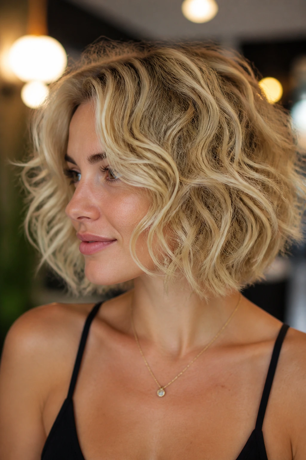 Close-up of cheekbone-grazing layered blonde curly bob on a real person